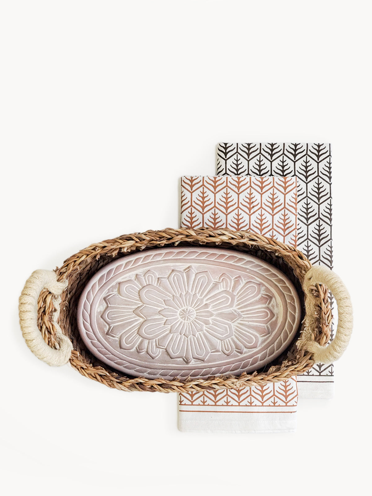 Oval Flower Bread Warmer Basket & Tea Towel Gift Set