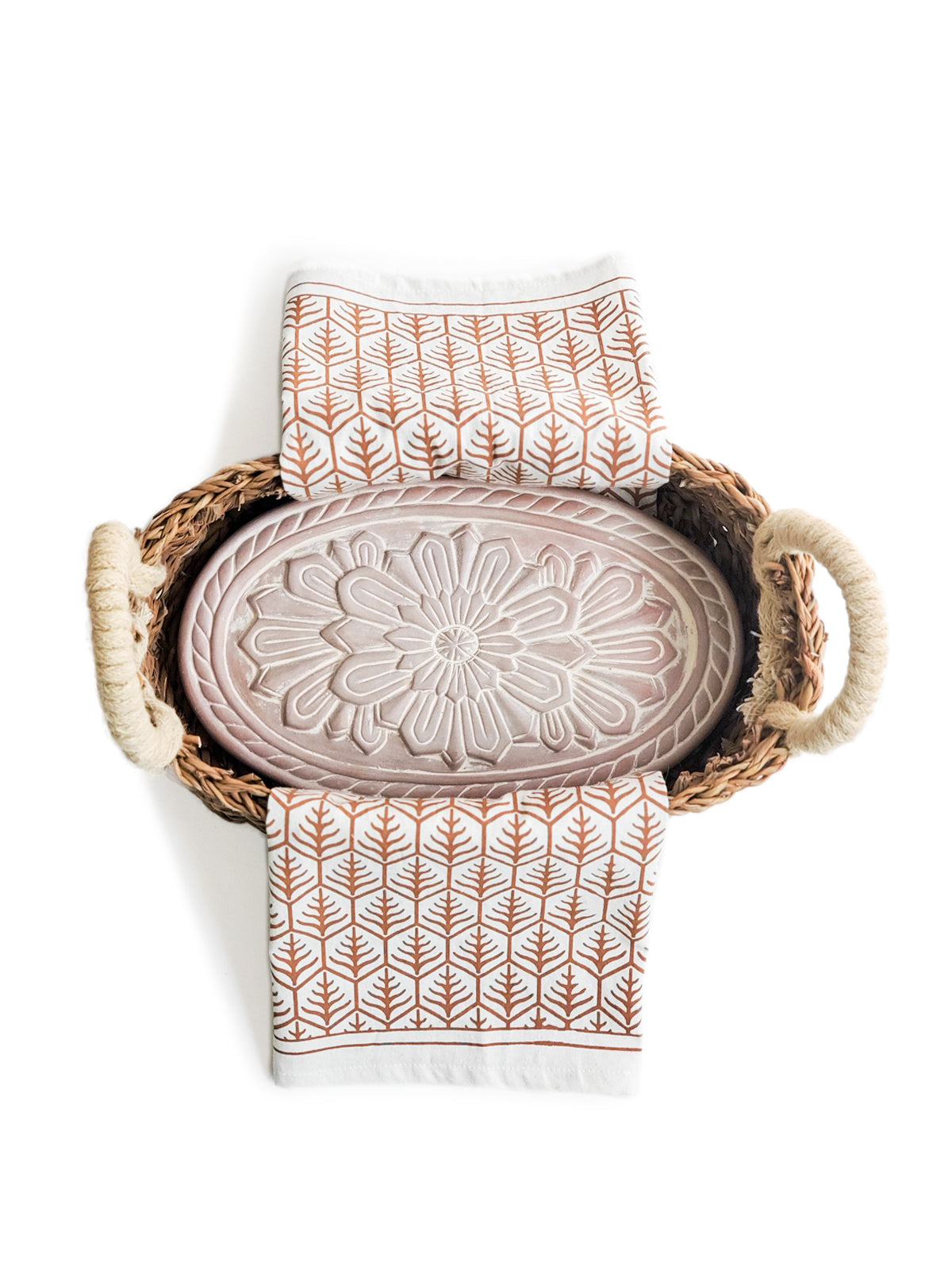 Oval Flower Bread Warmer Basket & Tea Towel Gift Set