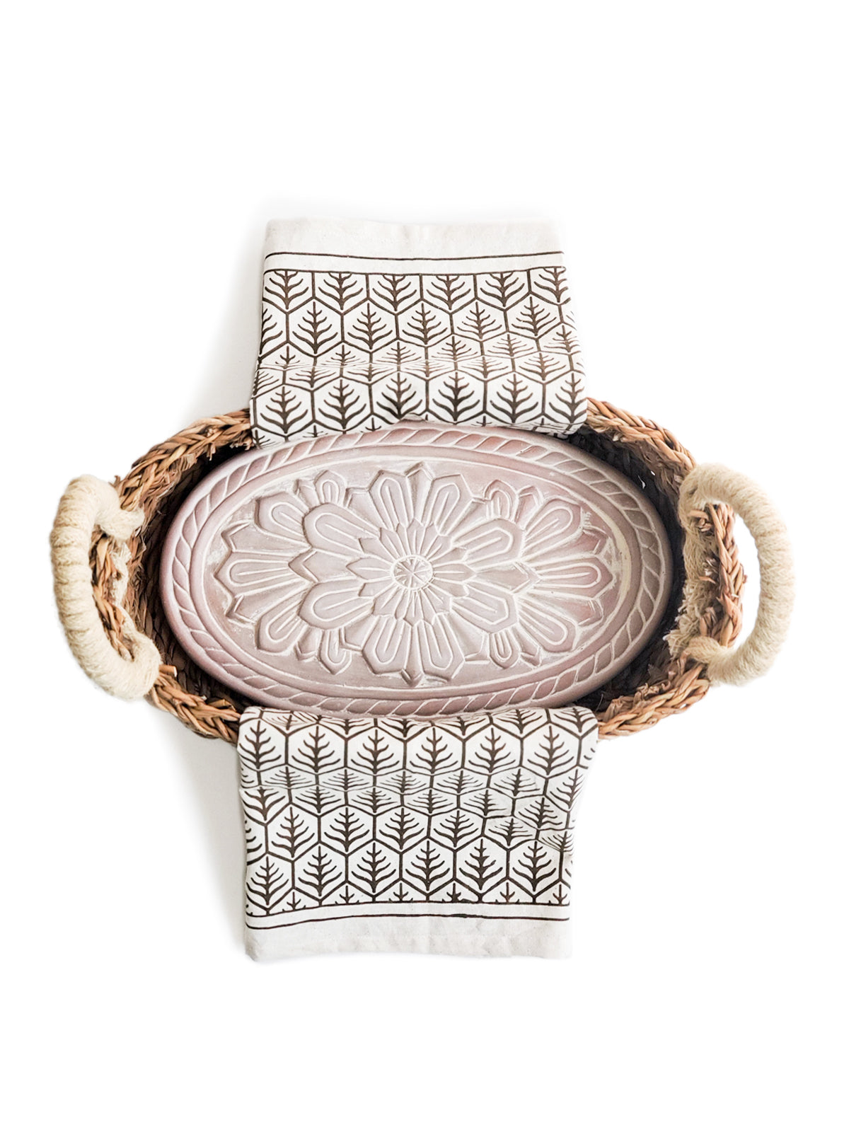 Oval Flower Bread Warmer Basket & Tea Towel Gift Set