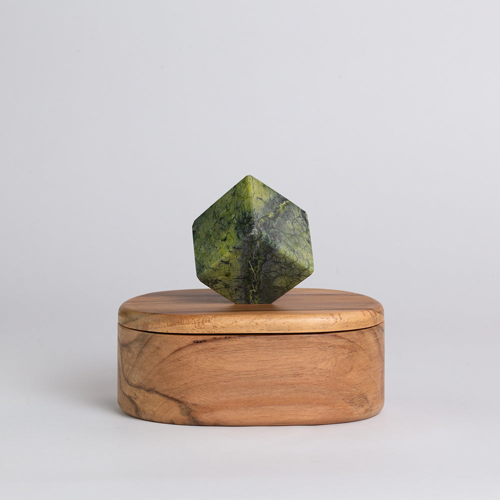 Oval Wooden Jewel Box with Green Serpentine Cube Handle