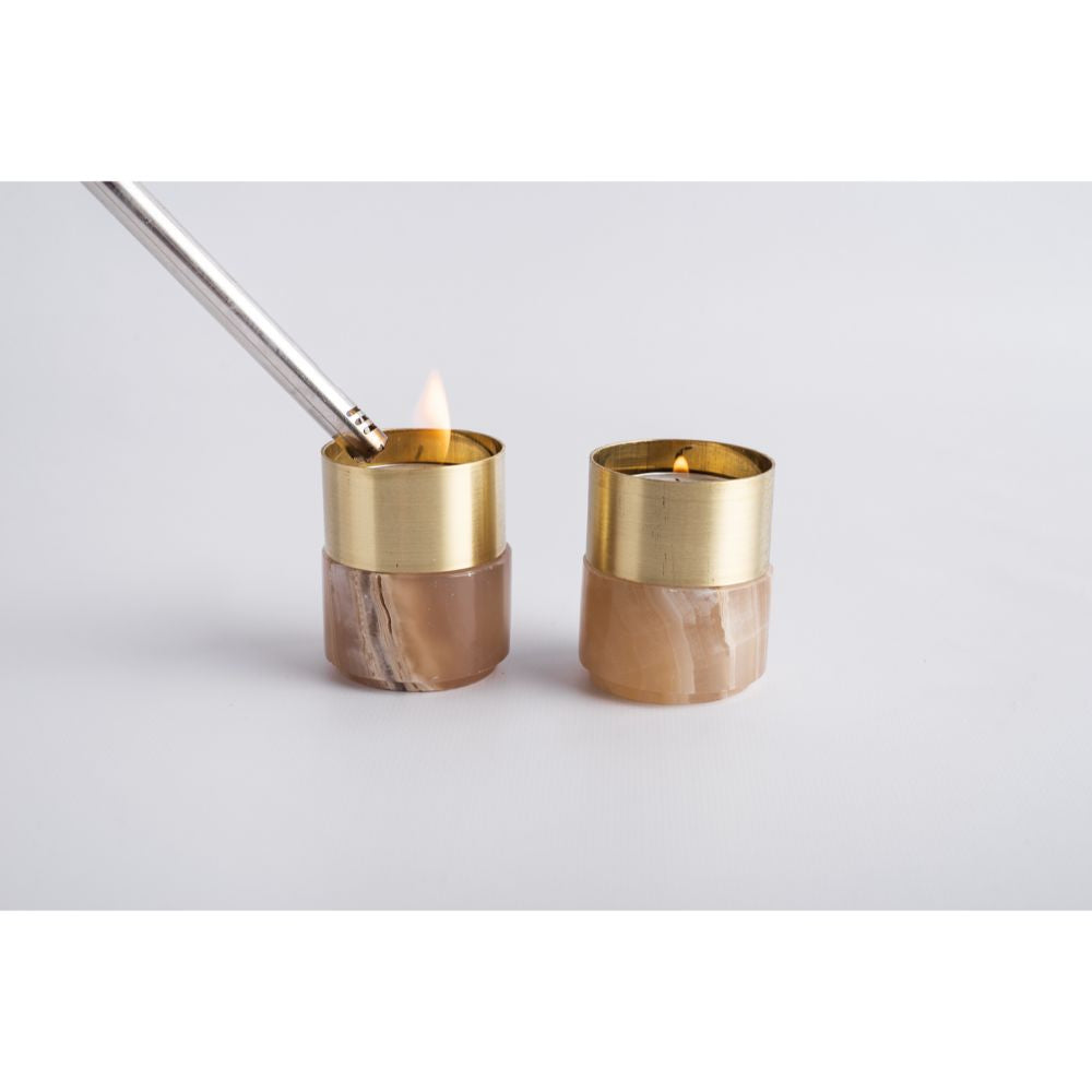 Amber Alabaster Brass Tea-Light Holders, Sculptural Pair for Tables