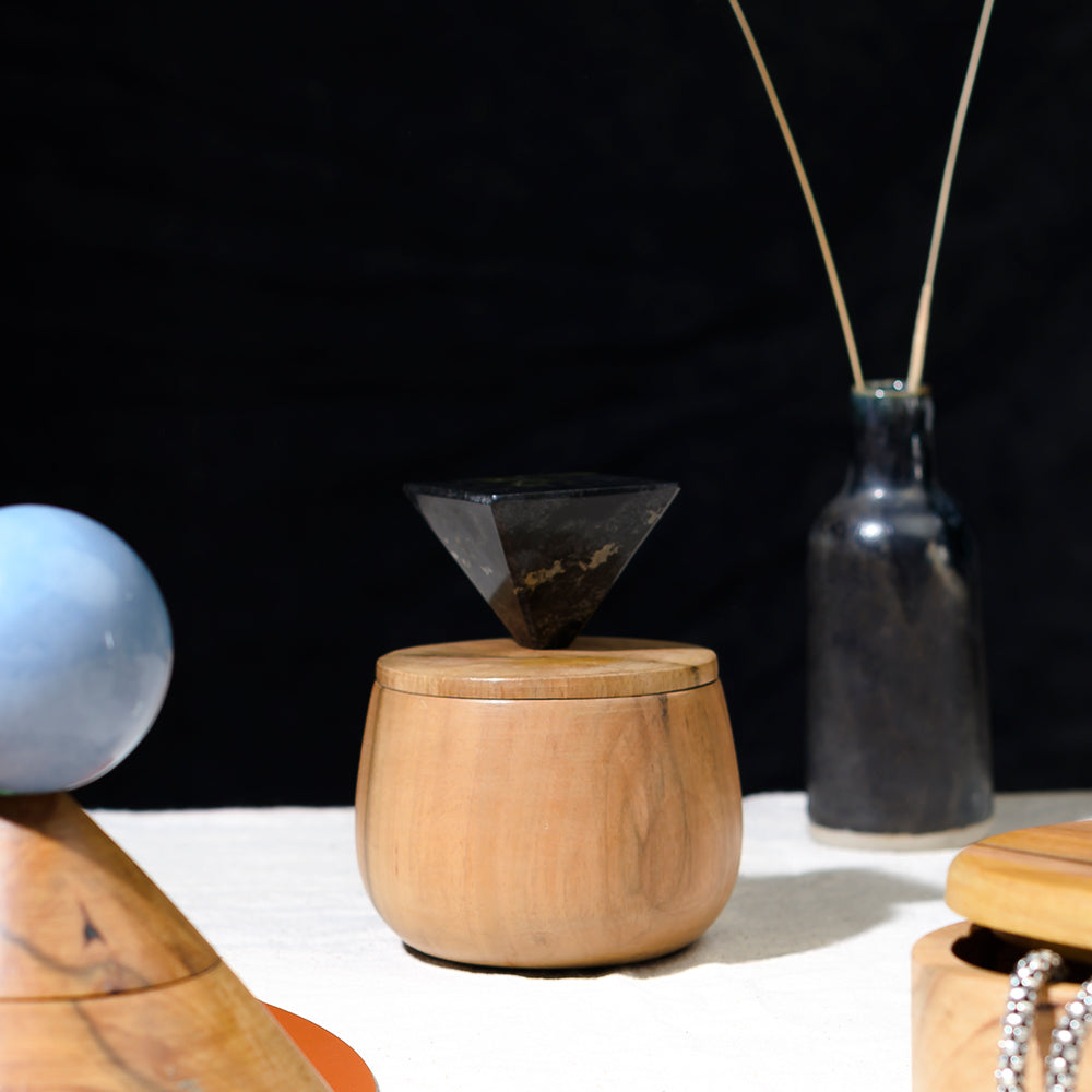 Round Wooden Jewel Box with Black Onyx Pyramid Handle