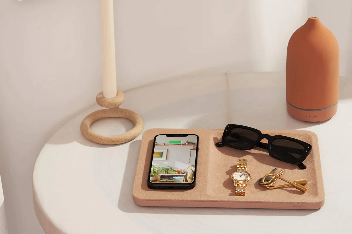 Linen Wireless Charging Valet Tray with USB & Device Storage