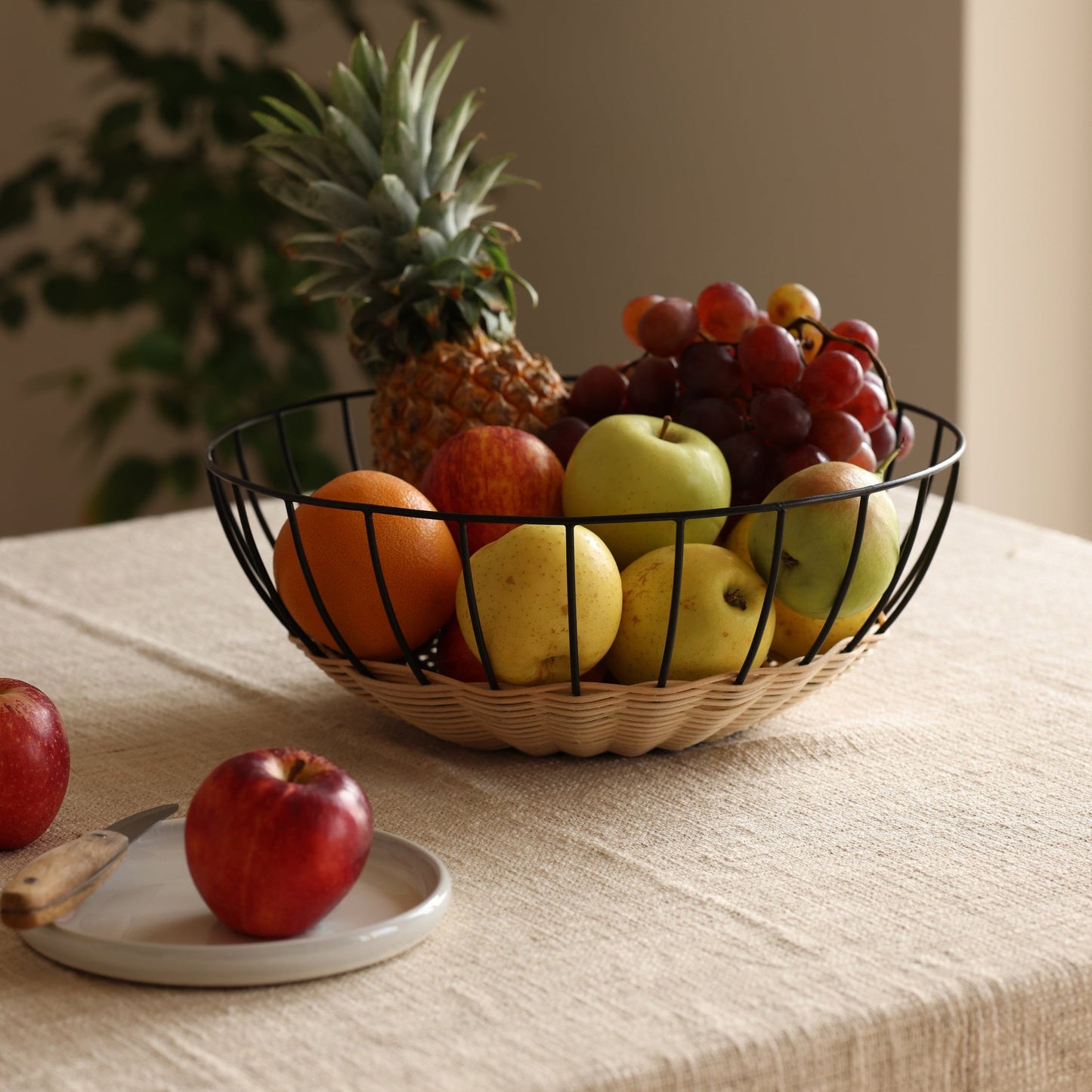 Cabo Rattan & Iron Fruit Basket, Airy Modern Centerpiece Bowl