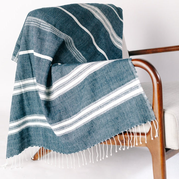 Aden Navy/Natural Striped Throw in Hand-Spun Ethiopian Cotton for Home or Travel