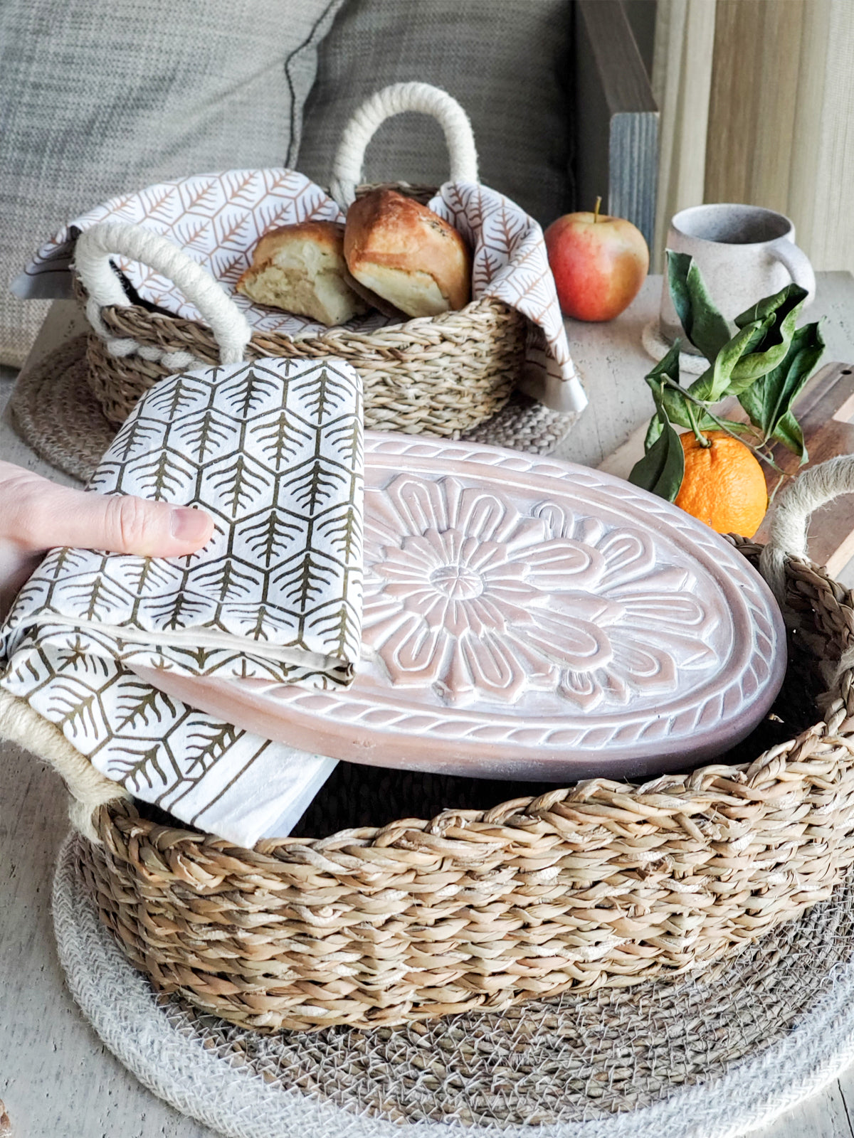 Oval Flower Bread Warmer Basket & Tea Towel Gift Set
