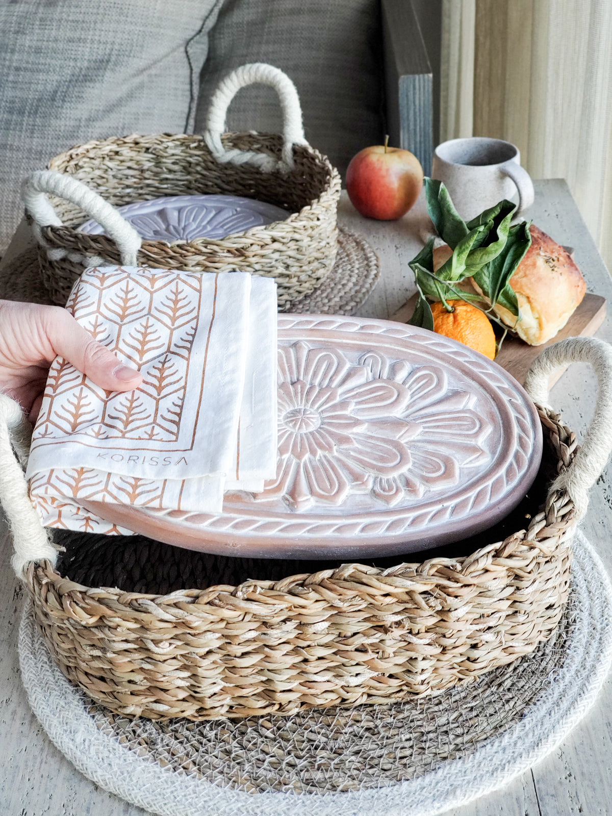Oval Flower Bread Warmer Basket & Tea Towel Gift Set