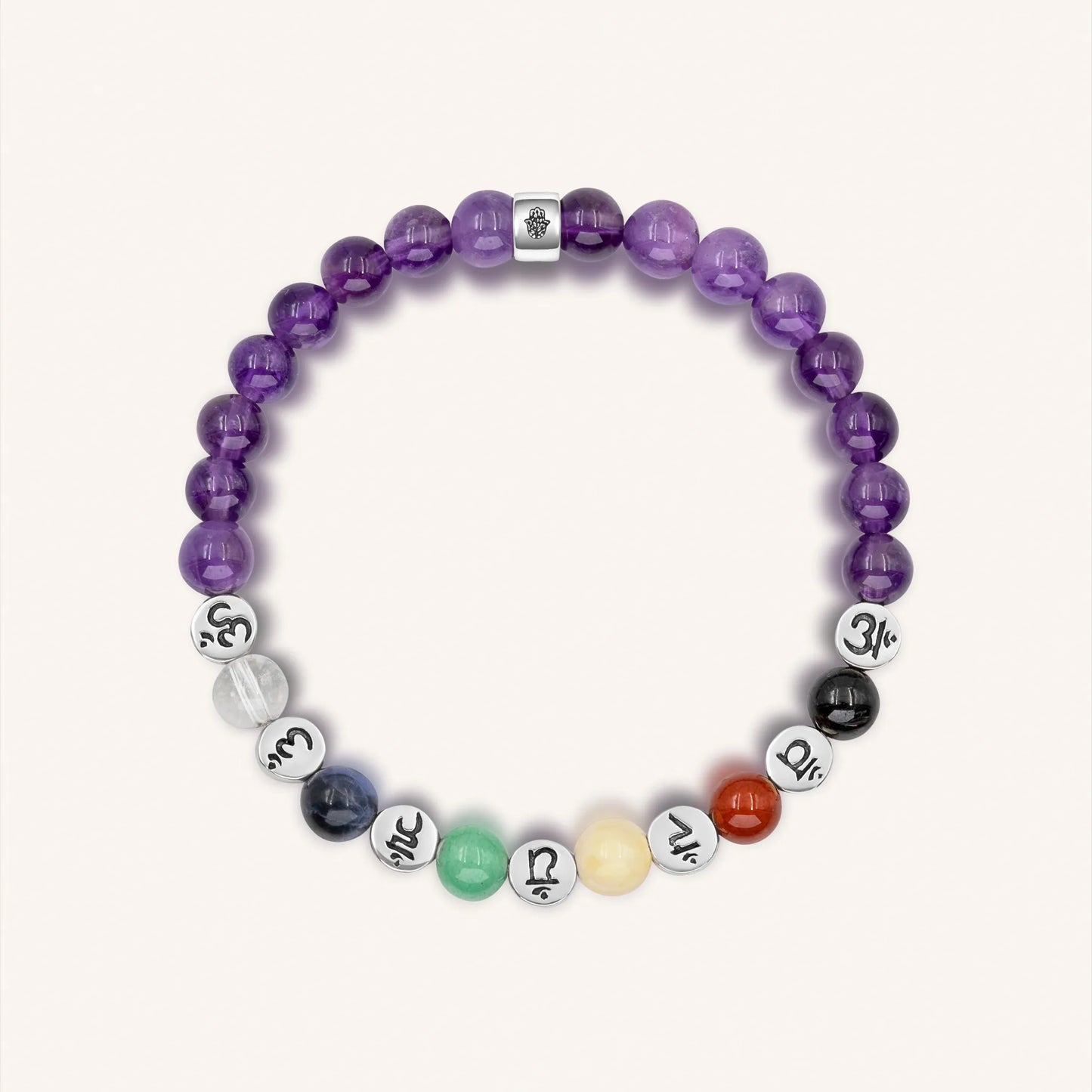 A multicolor beaded bracelet with Amethyst stones and various other charms including a chakra symbol, arranged in a circle on a white background.