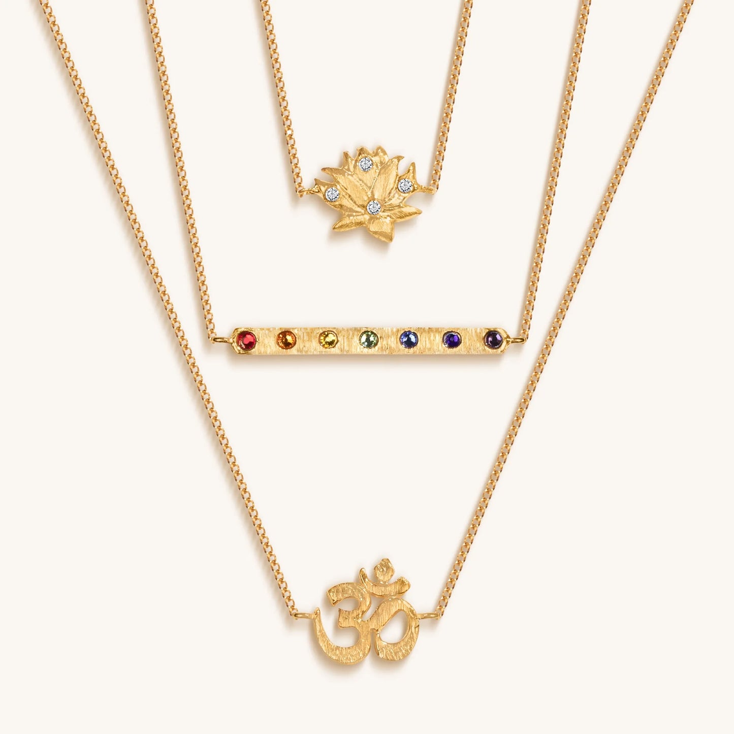Gold Triple-Layer Lotus OM Chakra Bar Necklace, 18K Plated Brass