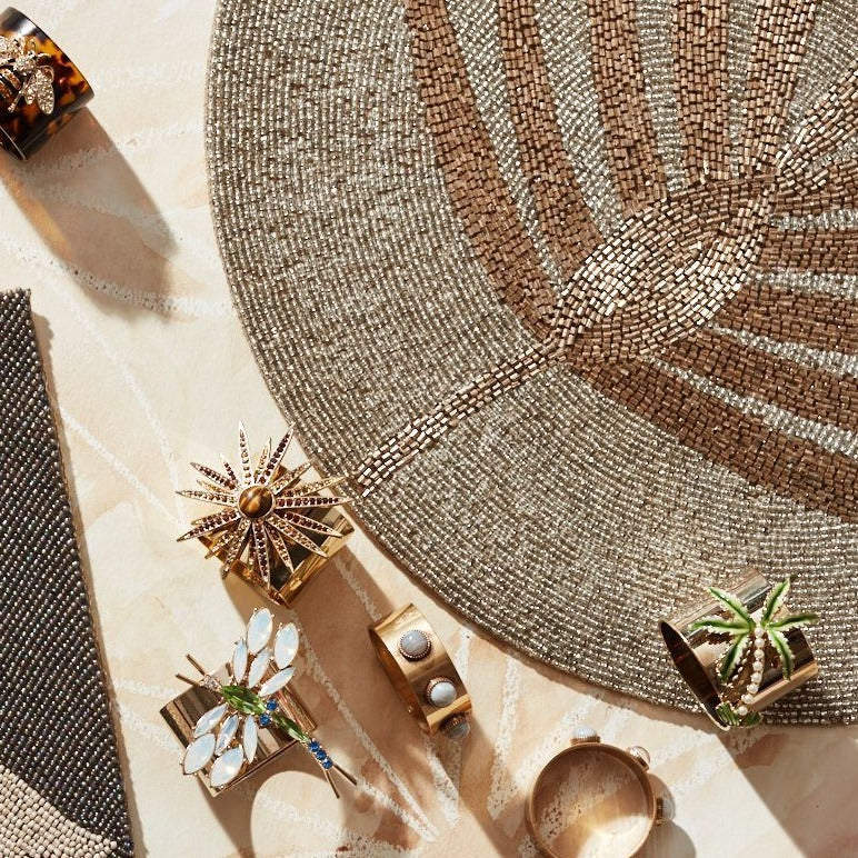 Palm Tree Napkin Rings Set of Two Enamel Faux Pearl Tropical Glam Gift