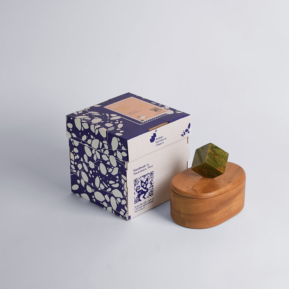 Oval Wooden Jewel Box with Green Serpentine Cube Handle