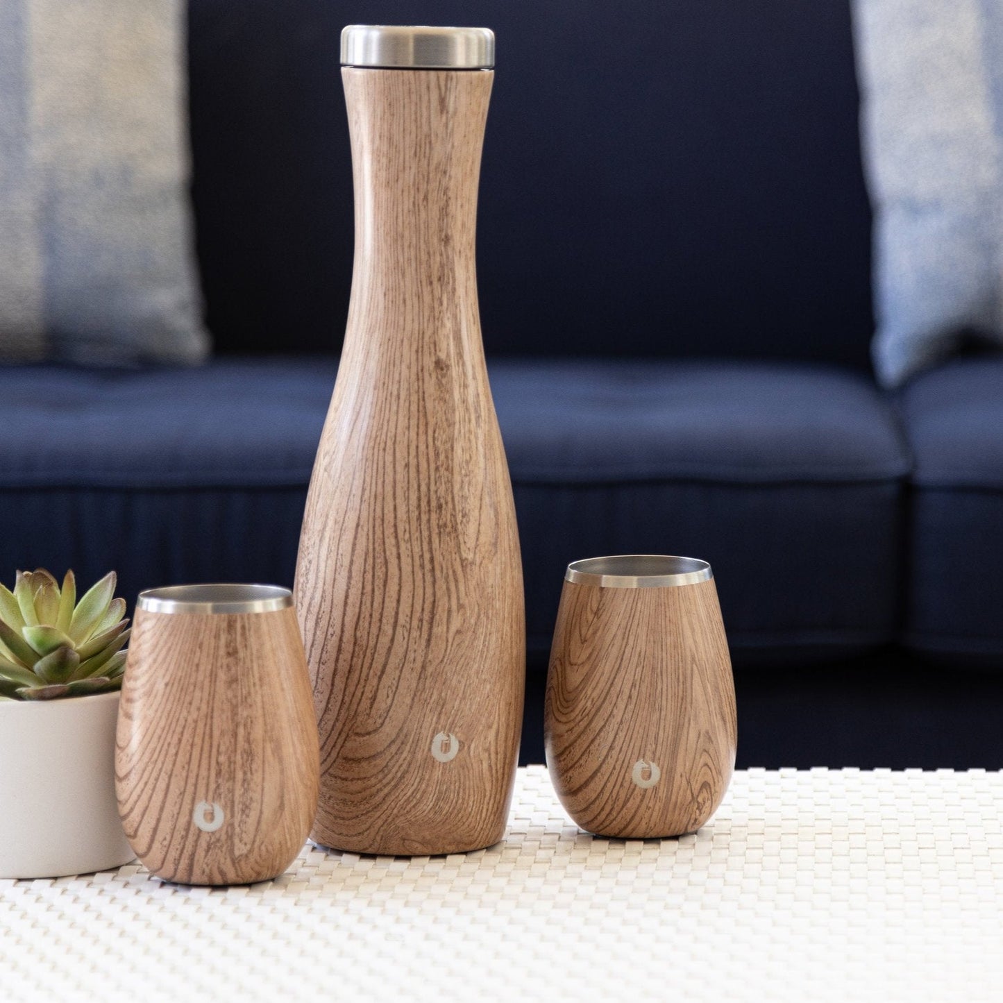 Insulated Stainless Steel Carafe and Wine Glass Set, Natural Teak