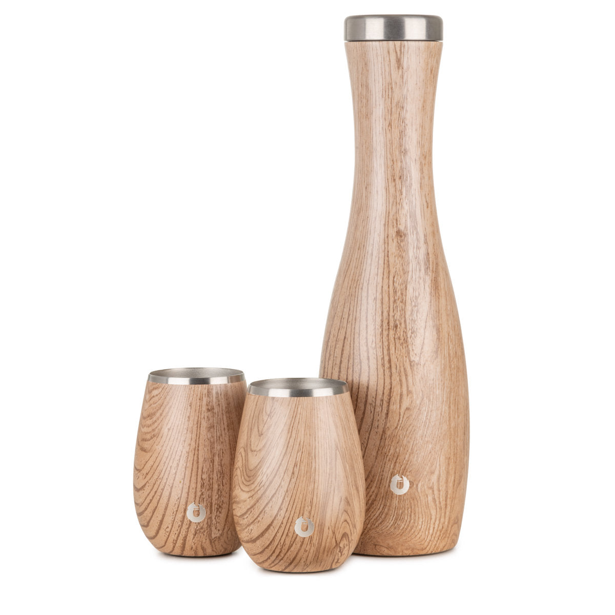 Insulated Stainless Steel Carafe and Wine Glass Set, Natural Teak