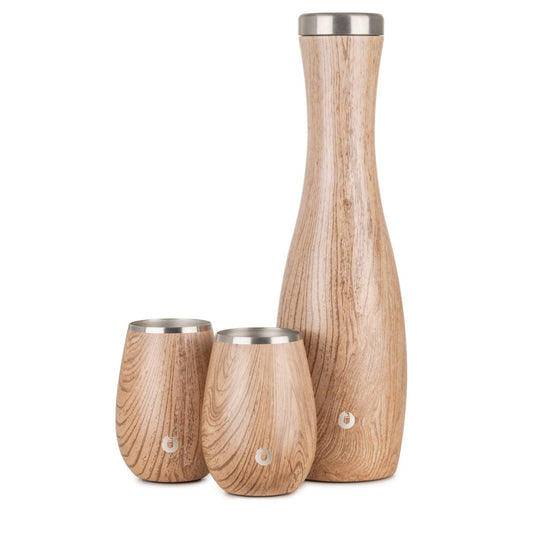 Insulated Stainless Steel Carafe and Wine Glass Set, Natural Teak