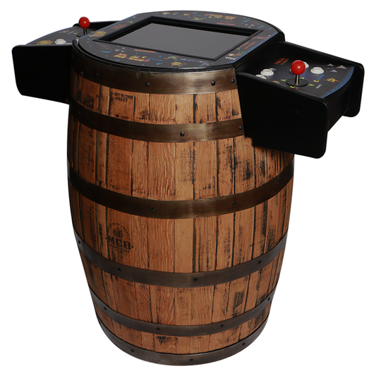 A handcrafted arcade game made from a repurposed whiskey barrel with a wooden exterior, black buttons and joysticks, and a glass top.