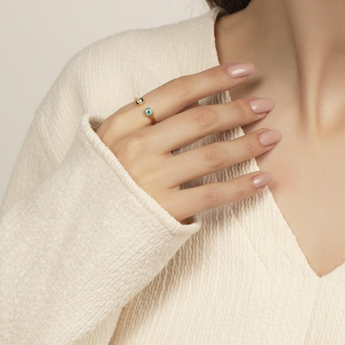 Defensive Shield Gold Turquoise Enamel Evil Eye Ring — Adjustable