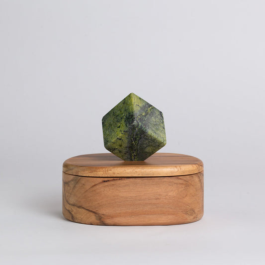 Oval Wooden Jewel Box with Green Serpentine Cube Handle