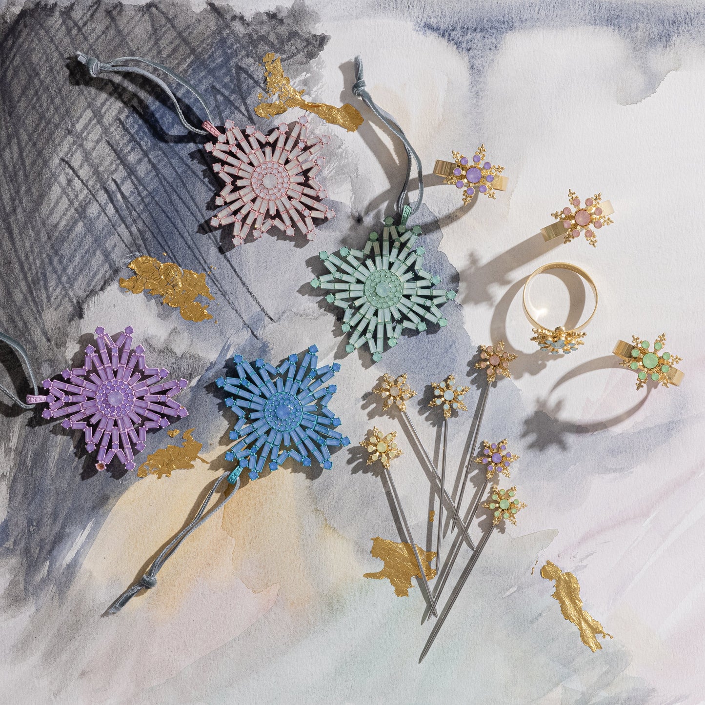 Classic Snowflake Pastel Skinny Napkin Rings Set of Four