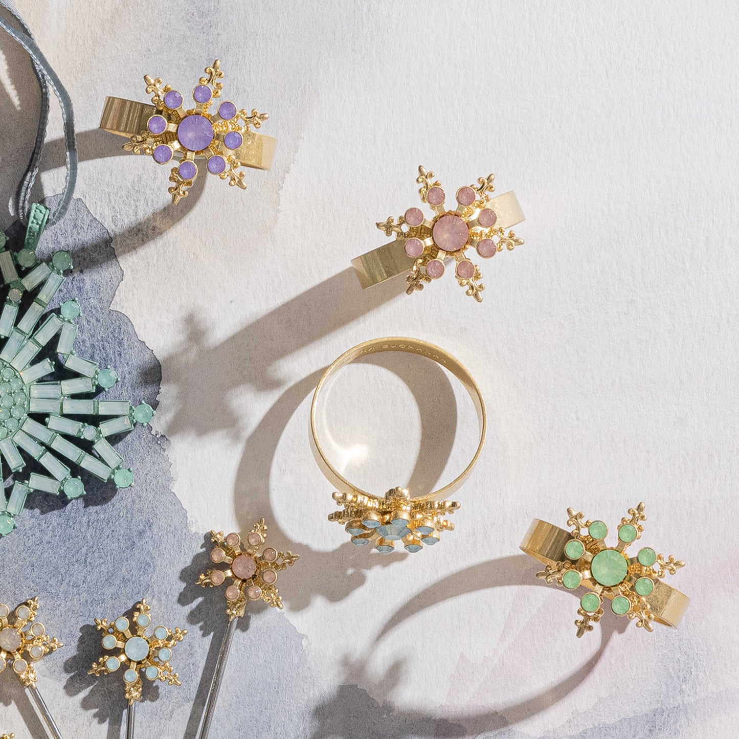 Classic Snowflake Pastel Skinny Napkin Rings Set of Four