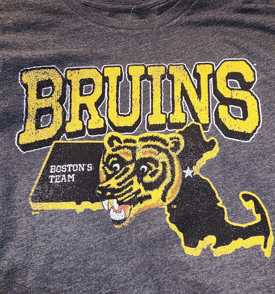 Gray t-shirt with yellow 'BRUINS' text and bear graphic on a dark background