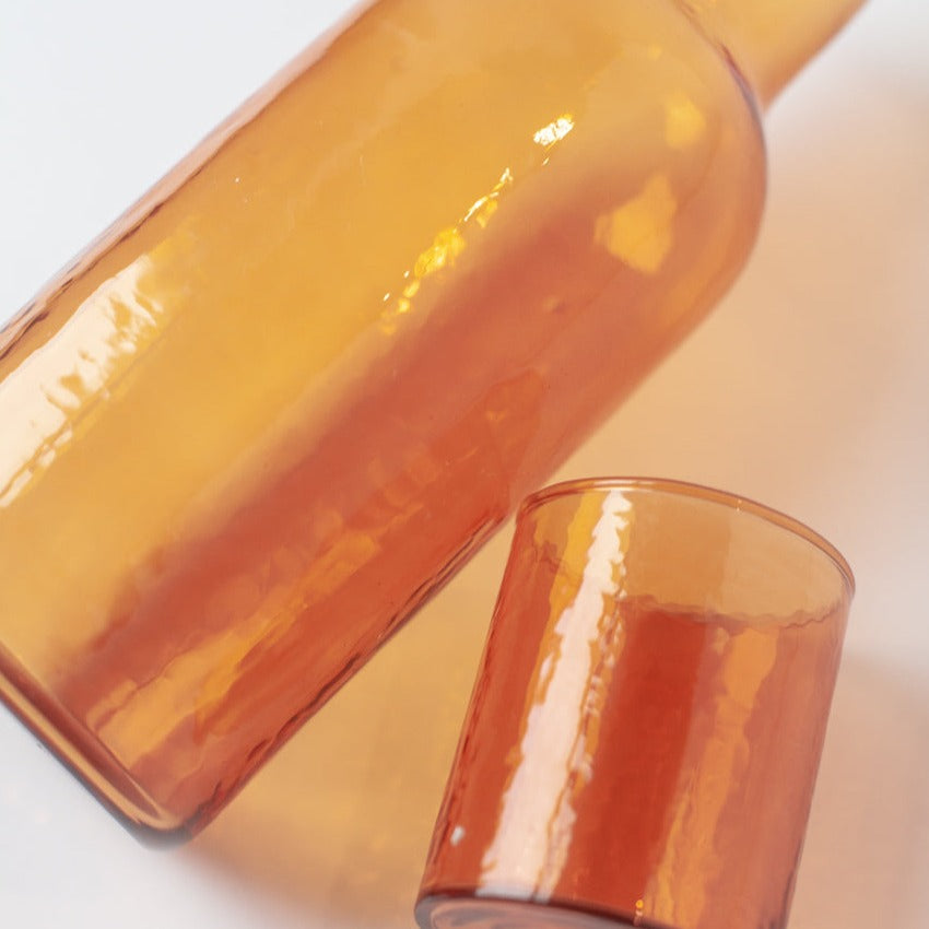 Handblown Amber Recycled Glass Carafe Set with Cup-Lid Tumbler