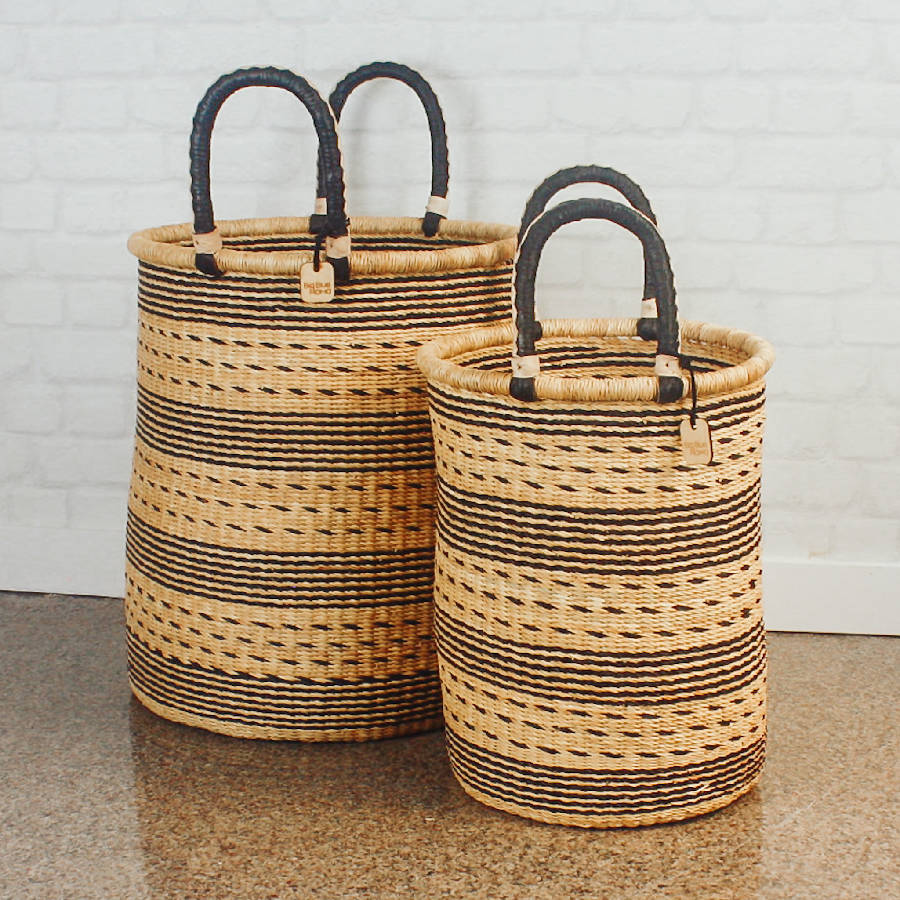 Bolga Handwoven Laundry Hamper in Natural Palette with Leather Handles