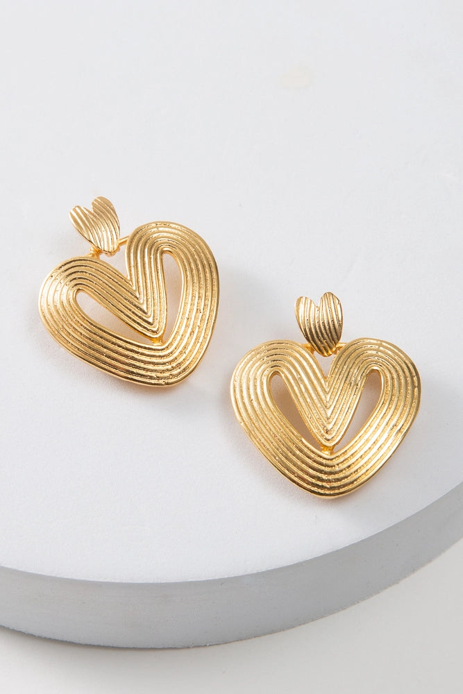 Golden Palmier Heart Earrings — Gold-Plated Statement Gift for Her Mom
