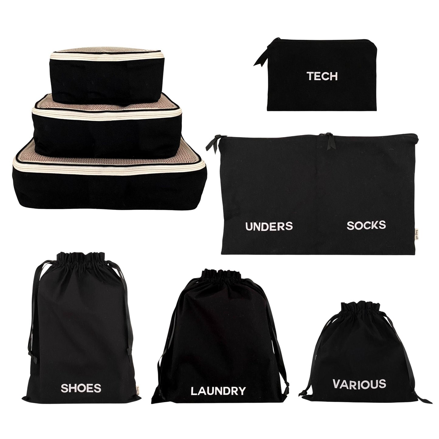 BA Travel Set: 8-Pack Black Packing Organizers & Travel Bags