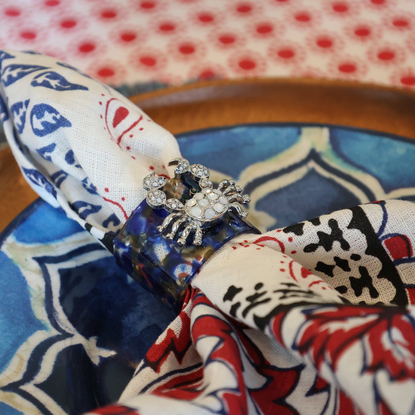 Joyful block print napkin, red, set of two