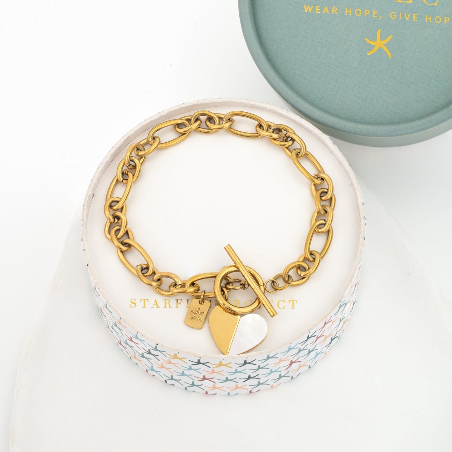 Give Hope Bracelet in Gold — Mother-of-Pearl Heart Toggle, Gift Boxed.