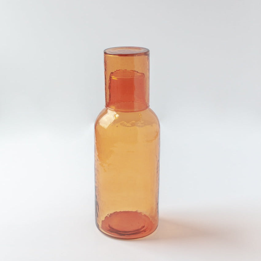 Handblown Amber Recycled Glass Carafe Set with Cup-Lid Tumbler
