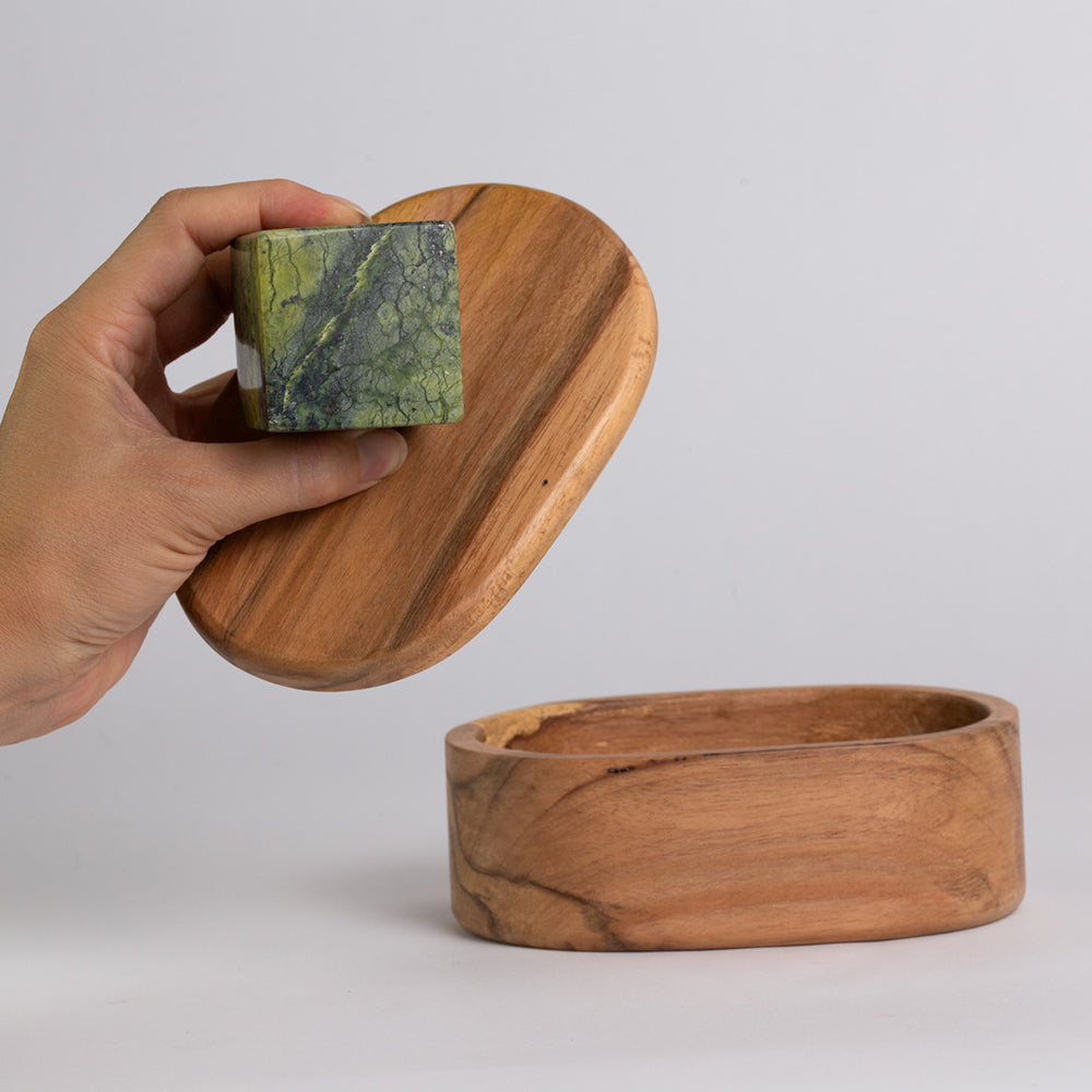 Oval Wooden Jewel Box with Green Serpentine Cube Handle