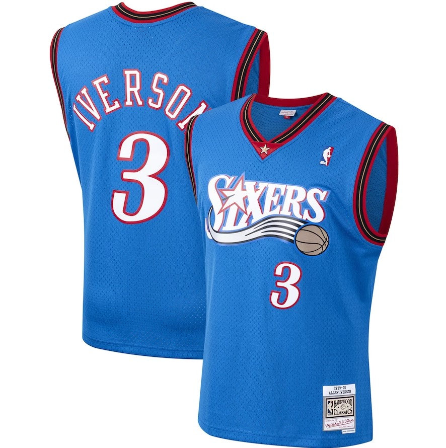 Blue basketball jersey with 'Iverson' and number '3', Philadelphia 76ers logo.