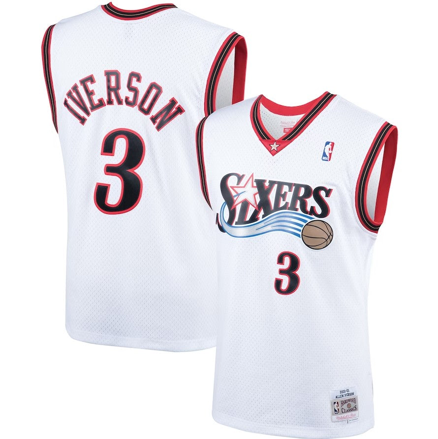 White basketball jersey with 'Iverson' and number '3', featuring the Philadelphia 76ers logo.