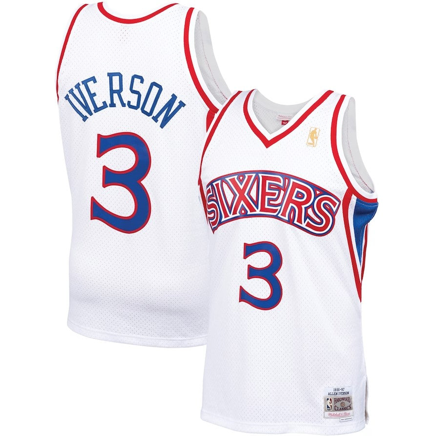 White basketball jersey with 'Iverson' and number '3', featuring the Philadelphia 76ers logo.