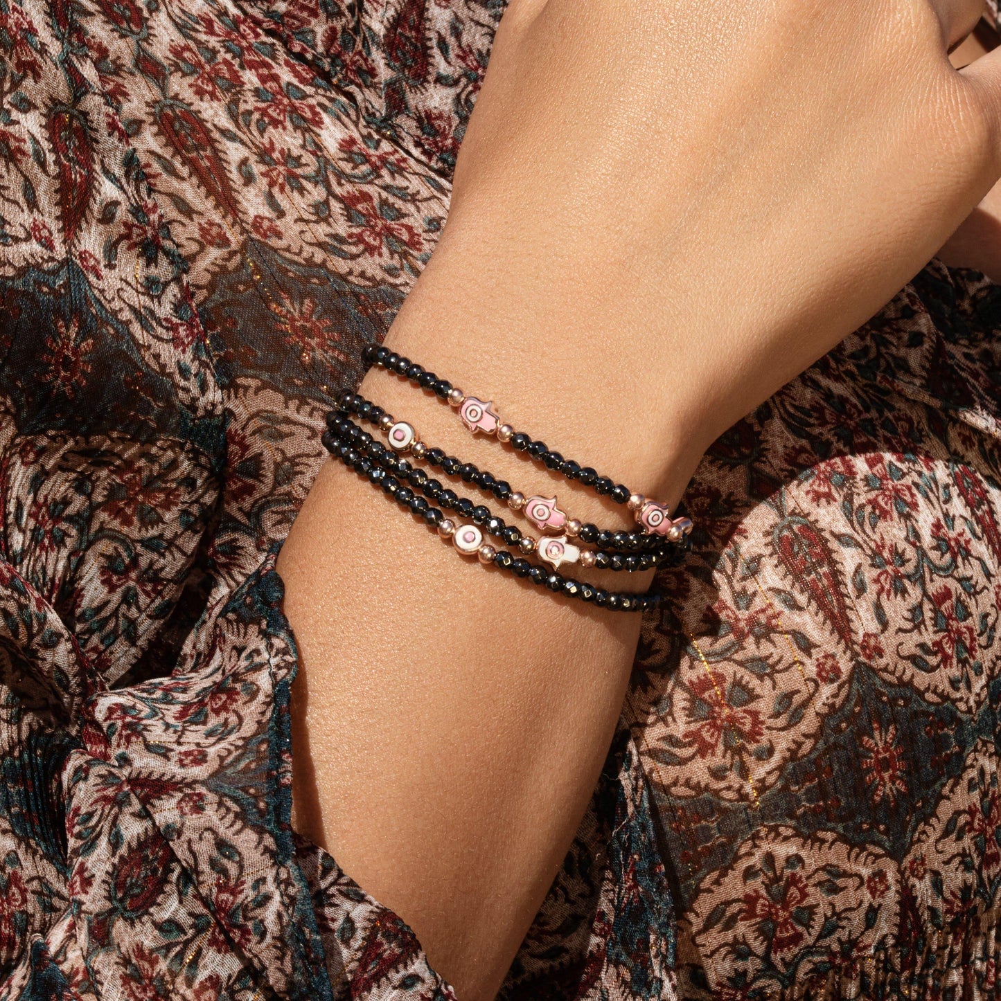 Enduring Aura - Hematite Enamel Evil Eye Hamsa Bracelet