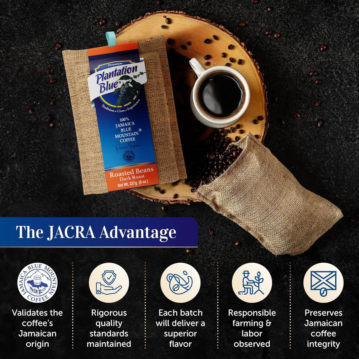 Plantation Blue Jamaica Blue Mountain Dark Roast Coffee 8oz Gift Bag