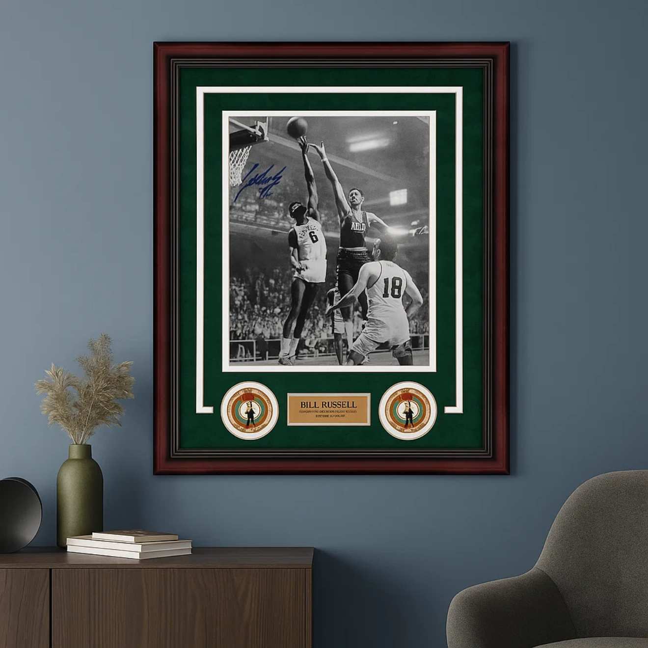 Bill Russell Signed Celtics Photo vs Wilt Chamberlain – Framed
