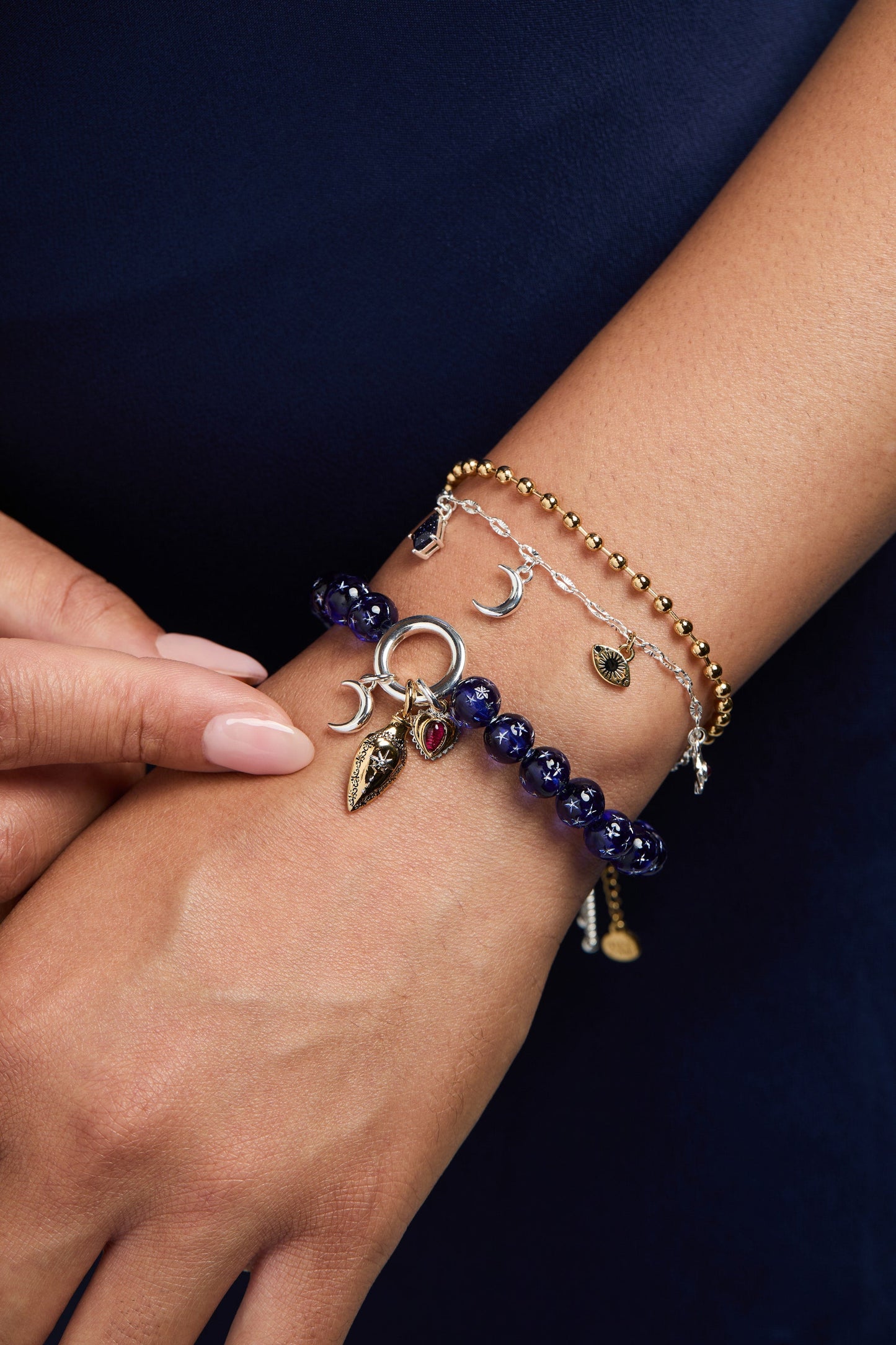 Moon Magic Two Row Charm Bracelet with Evil Eye and Sunstone Gift Gift