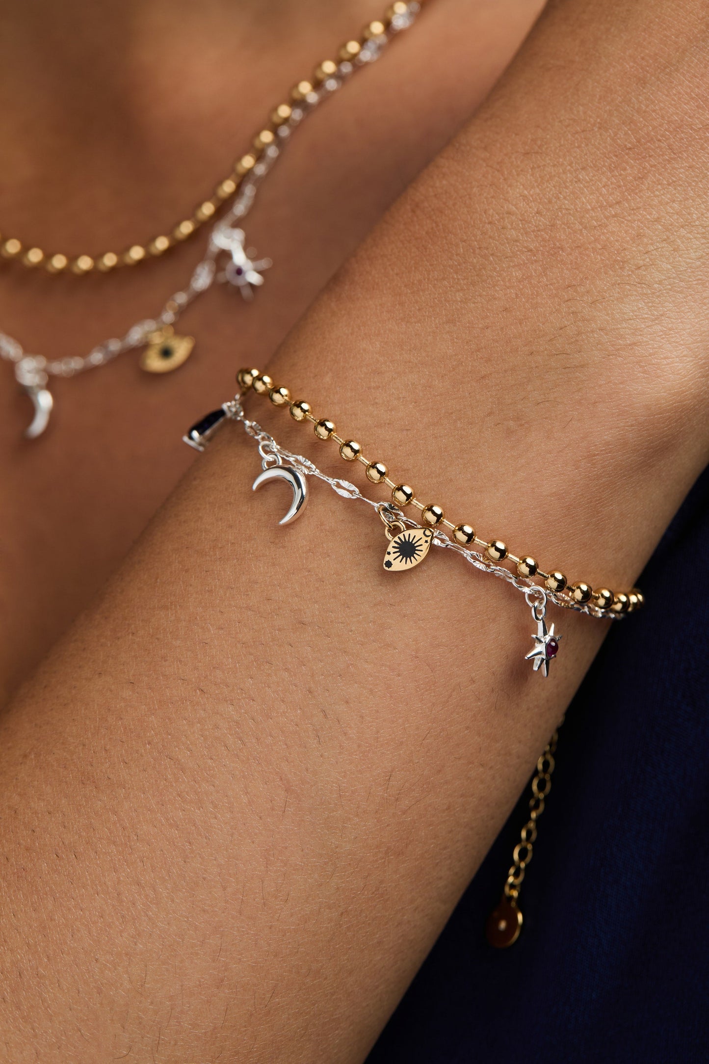 Moon Magic Two Row Charm Bracelet with Evil Eye and Sunstone Gift Gift