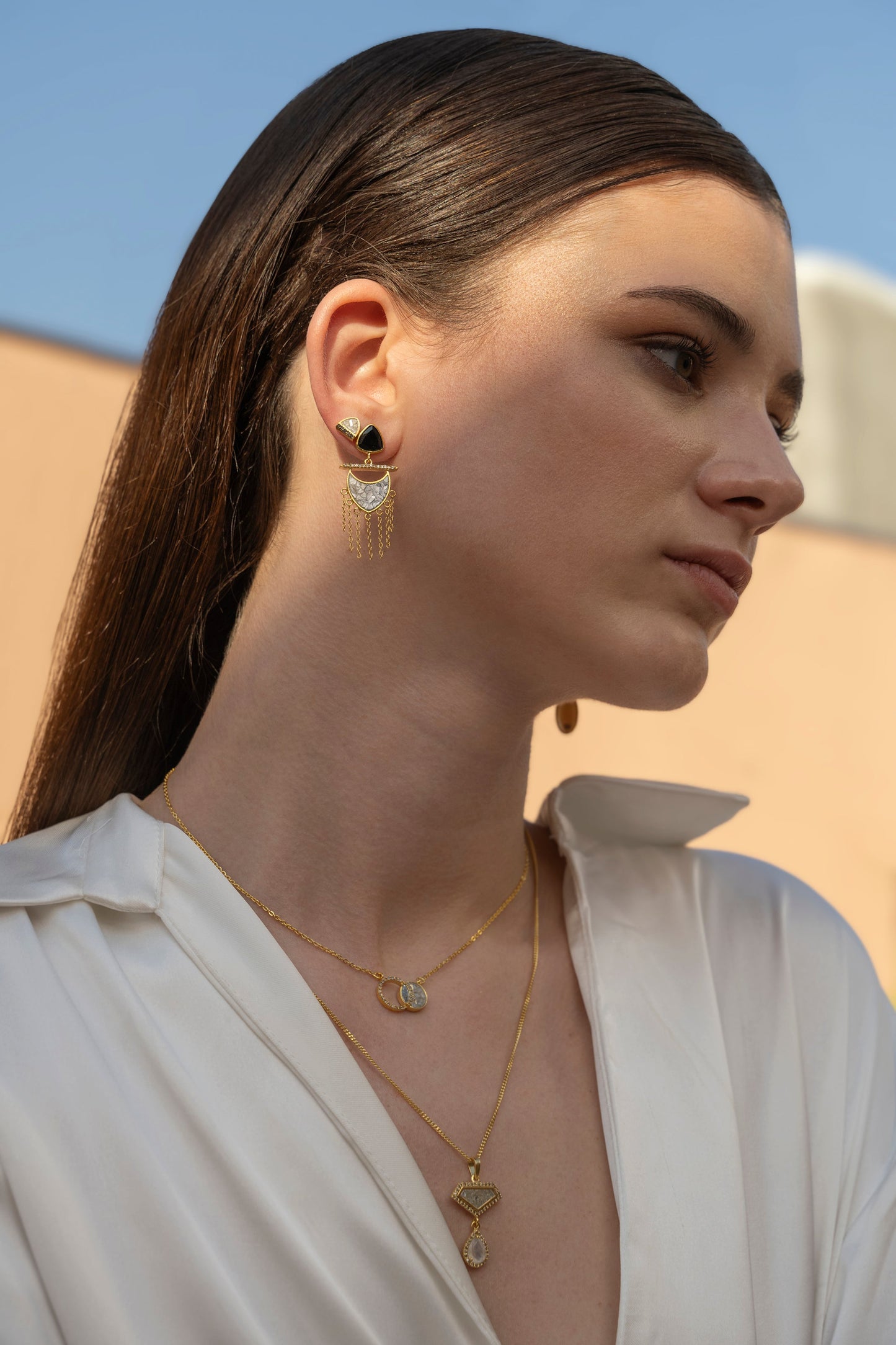 Timi Gold Vermeil Earrings with Raw Diamonds and Black Onyx Accents