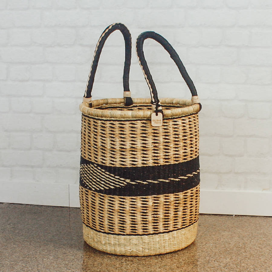 Bolga Handwoven Laundry Hamper in Natural Palette with Leather Handles