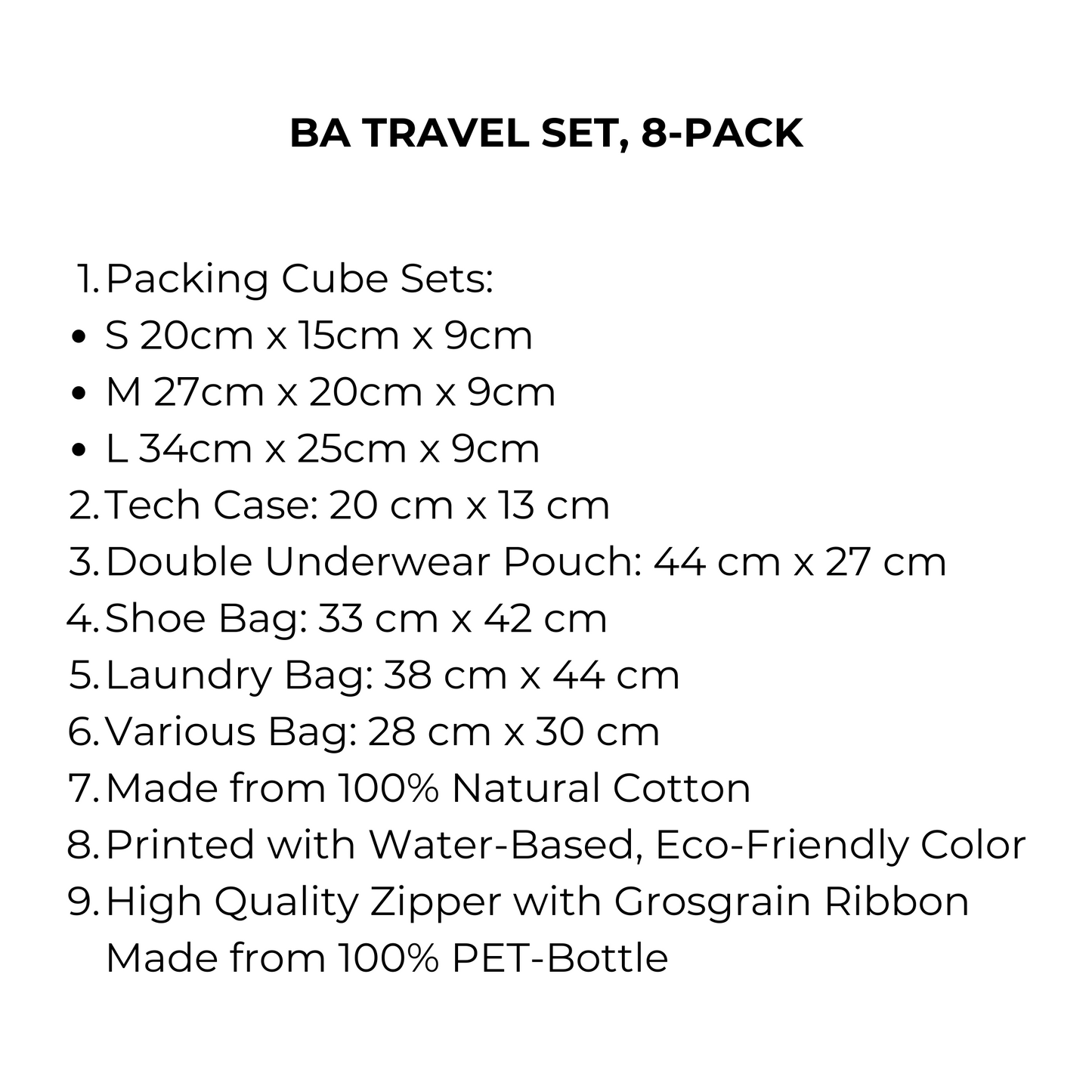 BA Travel Set — Cream 8-Pack Cotton Packing Organizer Bags