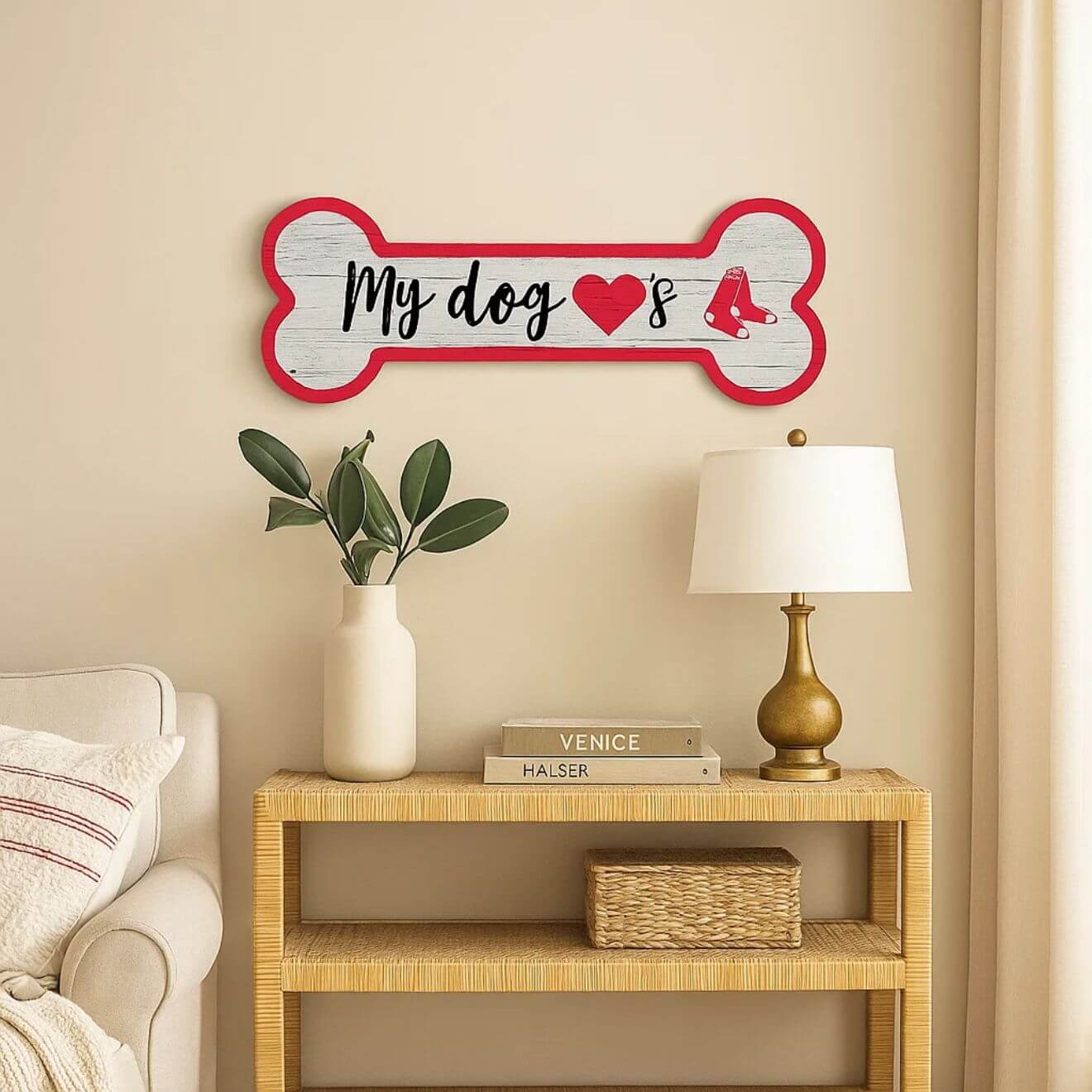 Boston Red Sox Dog Bone Wooden Sign - Perfect for Pet Lovers