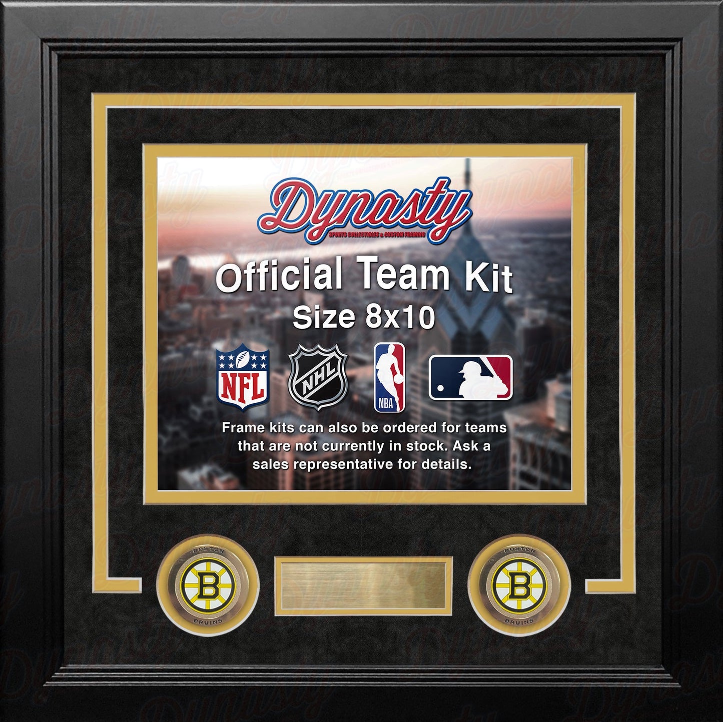 Framed 'Dynasty' official team kit with sports logos on a cityscape background