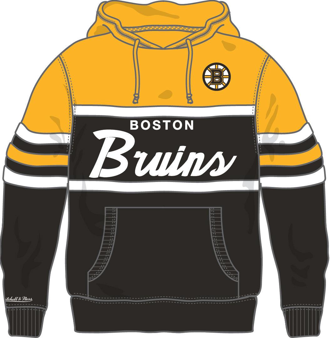 Boston Bruins hoodie with yellow, black, and white design on a white background