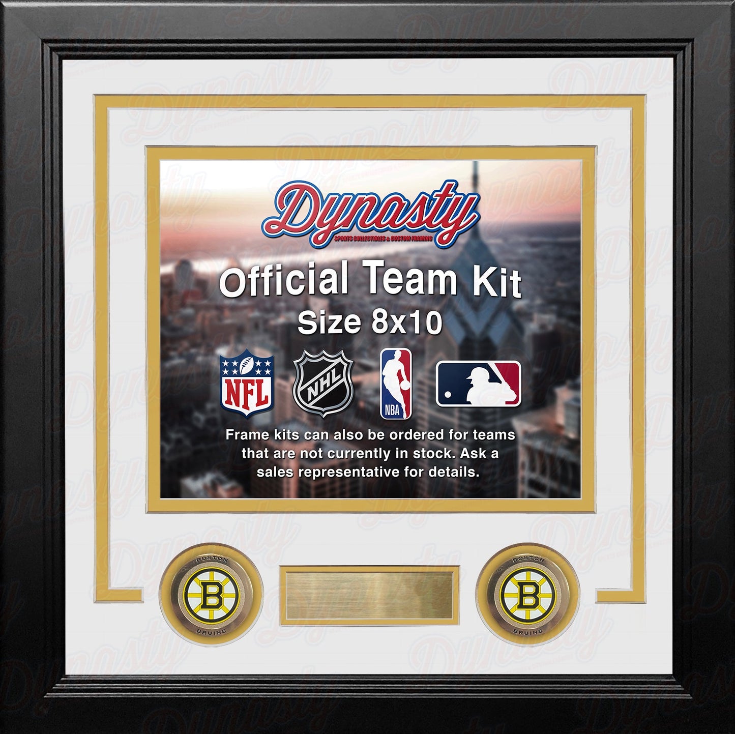 Framed product display with 'Dynasty' branding and sports logos on a white background.