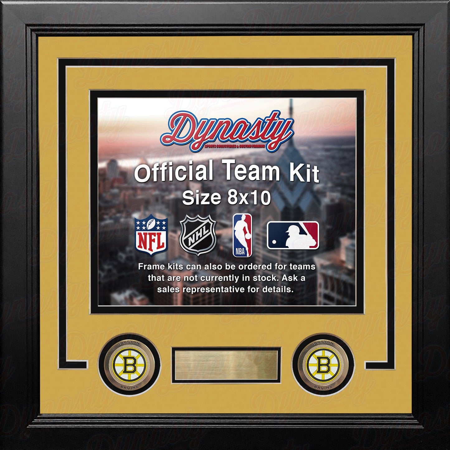 Framed display with 'Dynasty' branding and sports league logos on a black and gold border.