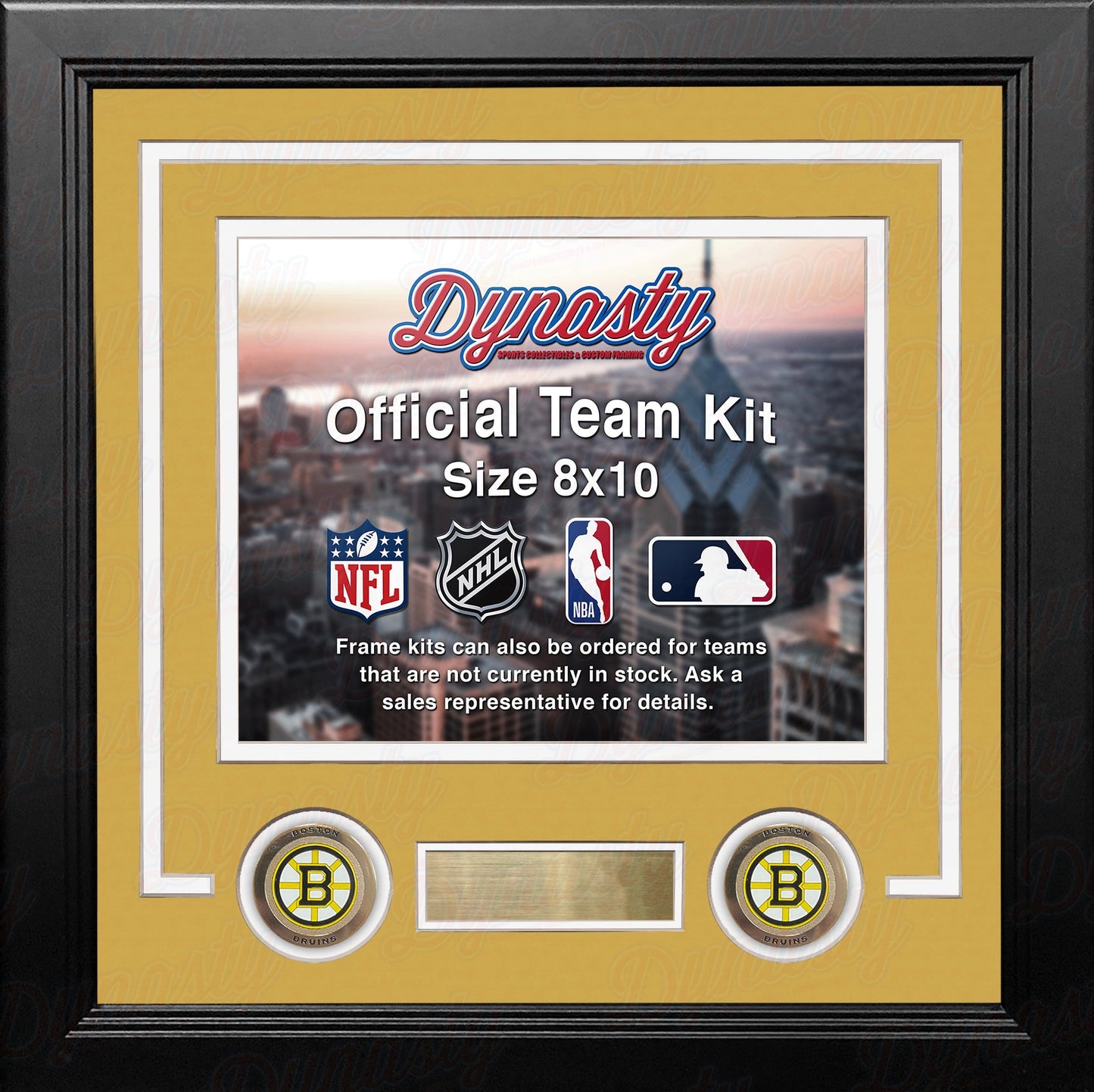Framed product display with 'Dynasty' branding and sports league logos.