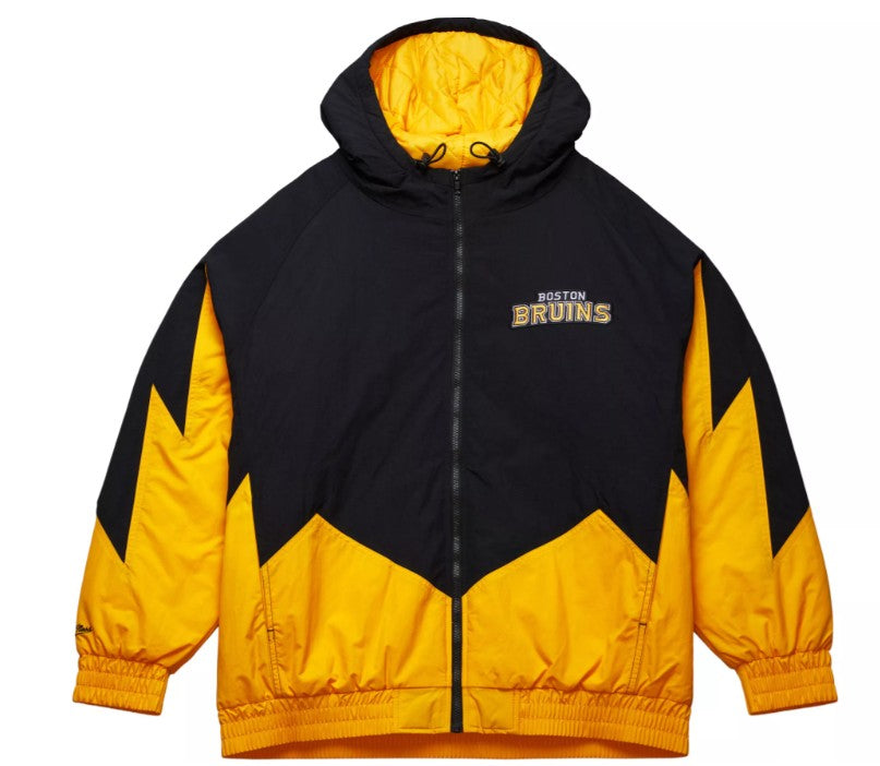 Black and yellow jacket with 'Boston Bruins' branding on a white background